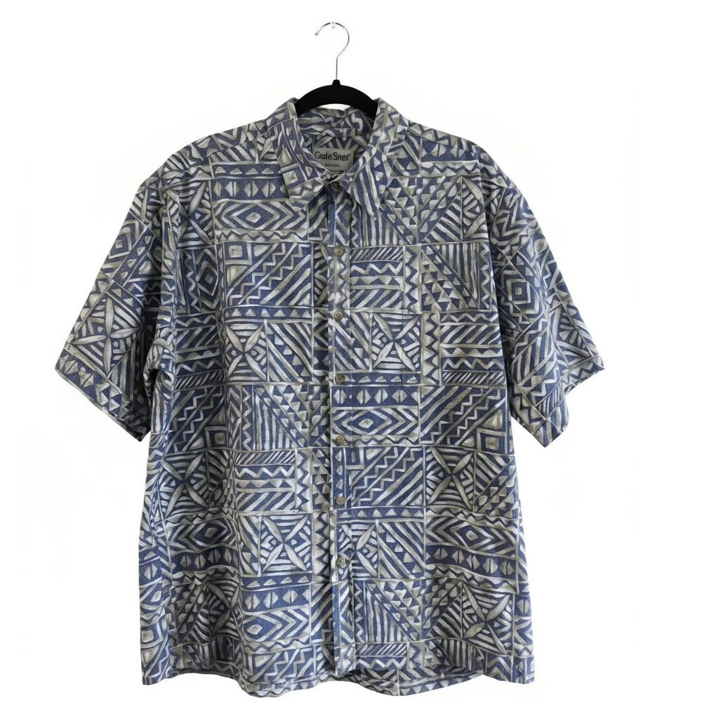 Cooke Street Hawaiian Shirt Mens 2XL Blue Geometric Aloha Made in Hawaii USA